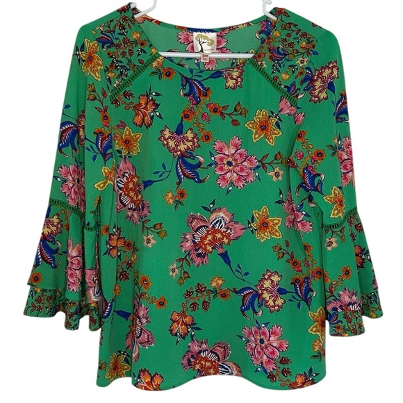 Fig & Flower Bright Floral Blouse Kelly Green Bell Sleeve Women's Size PM Petite - Picture 1 of 9